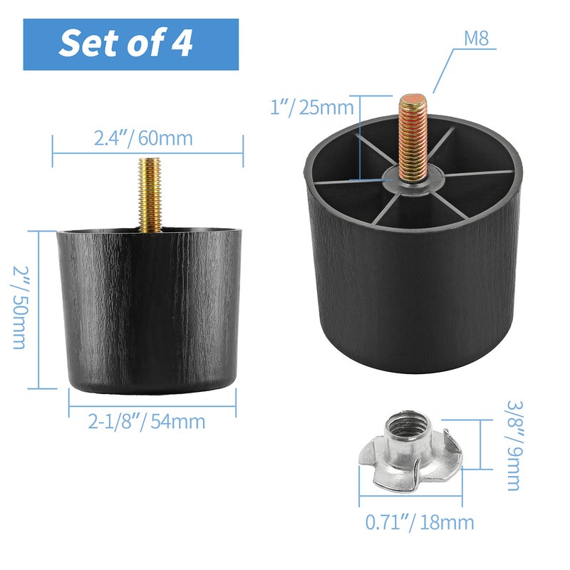 Masendelk 2 inch Plastic Furniture Legs, Round Tapered Table Legs Black Sofa Legs Replacement Legs with M8 Hanger Bolts for Couch Table Sofa, Pack of 4 - Image 3